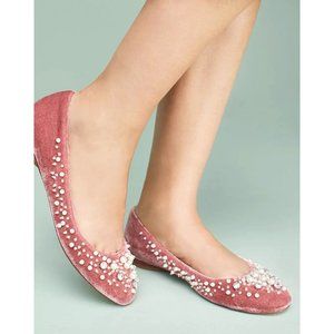 Anthropologie Pink Velvet Pearl-Embellished Ballet Flats Size 7